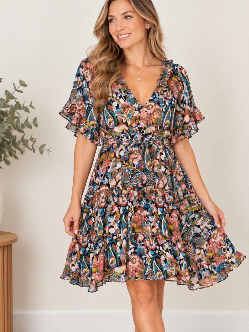 Anthropologie 2X Boho Floral Paisley Print V-Neck Tiered Dress 100% Viscose